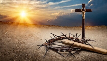 Canvas Print - passion of jesus christ hammer and bloody nails and crown of thorns on arid ground