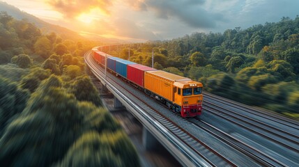 Poster - The global business of container cargo trains for business logistics, air cargo trucking, railway transportation and maritime shipping, and online orders for goods worldwide