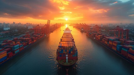 Aufkleber - In the morning, logistics and transportation of Container Cargo Ship and Cargo Plane in a shipyard with a crane bridge, logistic import export and transportation industry background.