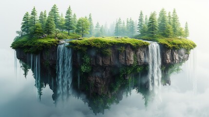 Poster - The floating island of forest has nice landscape with green grass and waterfalls on a white background. The island is surrounded by a waterfall and mountains. 3D illustration.