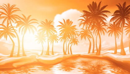 Wall Mural - seascape with palm trees at sunset, neon, silhouettes of palm trees, reflection in the water.