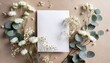 wedding invitation card mockup with natural eucalyptus and white gypsophila twigs blank card mockup on beige background