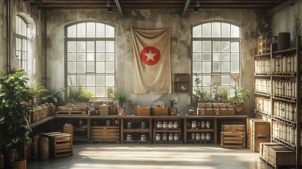 Poster - Pallets, shelves, and boxes in warehouse interior