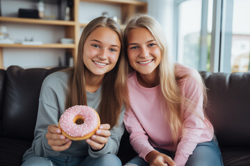 Two teenager girl friends in a house holding a donut