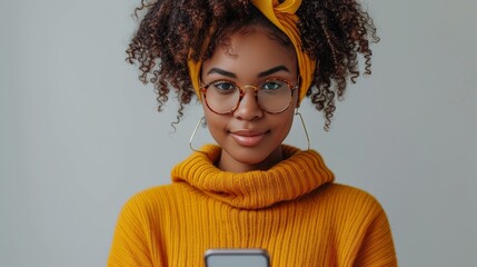 Poster - Women's hands showing smartphone against white background. African woman's hands touching screen of cellphone over white wall. Mobile phone app using close up.