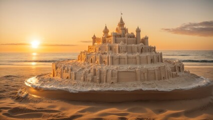 As the sun sets over the ocean,a sandcastle is revealed, complete with intricate details and a moat of frosting