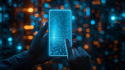 Fototapete - Abstract polygonal wireframe closeup of a mobile phone with a white blank screen held in a man's hand. Illustration dark blue background. Smartphone concept of communicating.