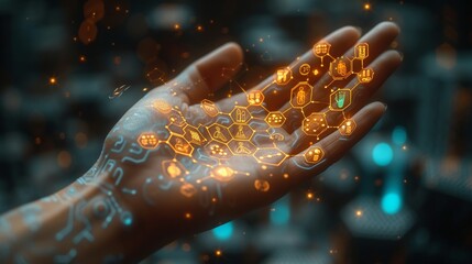 Fototapete - In this healthcare system, medical icons are arranged in hexagon shapes with a hand holding the top element. The health care plane is integrated with digital technology and artificial intelligence