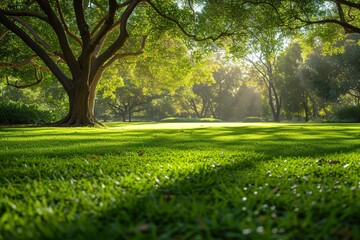 Wall Mural - Lush green grass and trees bask in the gentle morning sun at Horsham Botanic Gardens VIC Australia. Perfect for adding text.