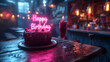 Happy birthday neon sign on cake with candle on wooden table in cafe. Selective focus. Greeting card. Happy Birthday card concept.