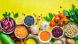 organic vegetables lentils beans raw ingredients for cooking on trendy yellow background healthy clean eating concept vegan or gluten free diet copy space top view food frame