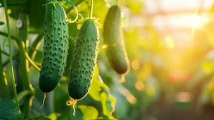 Wall Mural - Growing cucumber harvest and producing vegetables cultivation. Concept of small eco green business organic farming gardening and healthy food