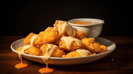 Wall Mural - crispy nuggets with cheddar sauce color orange