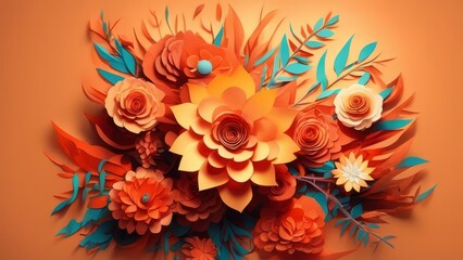  Flowers of different shapes are made of paper of bright colors on an orange background.