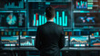 © VISIONARTIST - Back of a businessman in front of professional key performance indicator KPI metrics dashboard with screens and charts for sales and business results evaluation and KPI review.