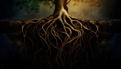 ree roots in soil close up, underground texture. Generative AI.