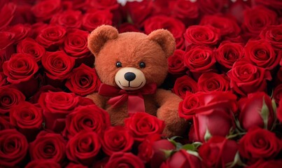 Wall Mural - Teddy bear and red roses, valentine's day background