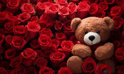 Wall Mural - Teddy bear and red roses background, valentines day concept