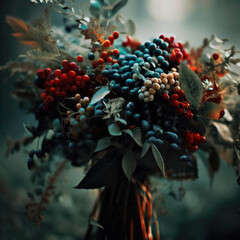 Bouquet of berries, flowers, background from the forest, girl with hand holding a bouquet of berries in the forest, with a vase