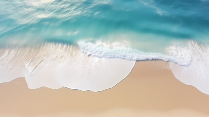 Sandy beach with light blue transparent water waves and sunlight, tranquil aerial beach scene