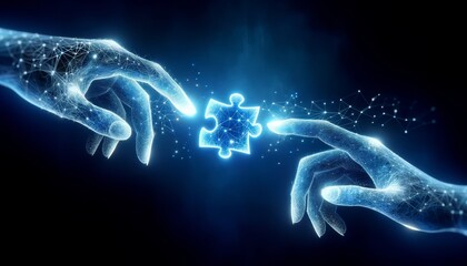 Fototapete - two digital hands connect two glowing puzzle pieces together