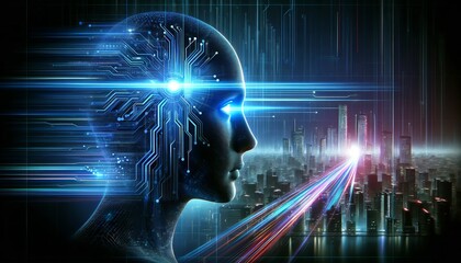 Poster - The silhouette of a human face is seen from the side with glowing blue futuristic circuits and elements