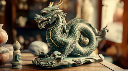Wall Mural - Ancient artwork of chinese dragon in green statue on a table with dark navy and light gold color