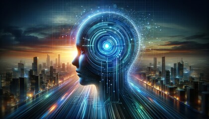 Poster - The silhouette of a human face is seen from the side with glowing blue futuristic circuits and elements