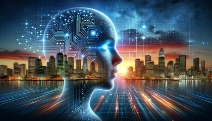 Poster - The silhouette of a human face is seen from the side with glowing blue futuristic circuits and elements