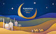 Arabian Night in Desert. Vector illustration. Place for text. Ramadan Kareem landscape, camel caravan, mosque and palms in oasis, paper cut 3d style. Ramadhan creative modern banner poster
