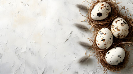 Wall Mural - Four Quail Eggs in a Nest on a White Background