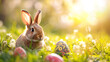Rabbit Sitting in Grass Beside Eggs