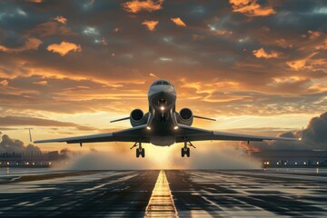 Poster - passenger plane taking over airport runway use for air transport and traveling theme