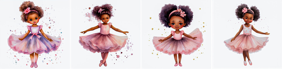 Cute watercolor clipart of African American little girl ballerina A collection of adorable watercolor clipart images of a little African American girl ballerina. Ideal for making invitations, decorati