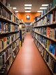 © kaleidoscope - Long bookshelf corridor in a library with vibrant orange walls