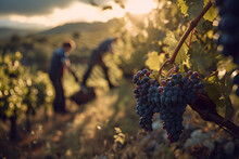 Harvesting The Sweet Bounty: A Joyful Duo Picking Luscious Grapes From A Leafy Arbor