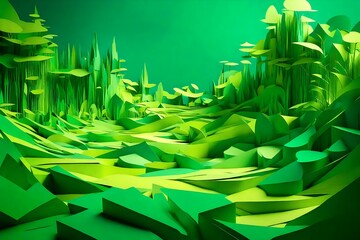 Poster - greeting card, green abstract landscape in the style of paper sculpture