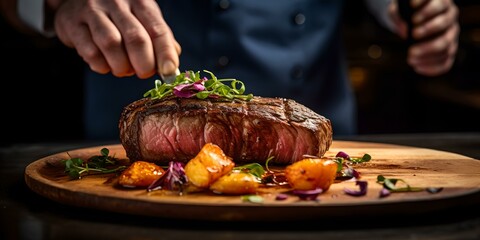 Wall Mural - Exquisite steak on wooden platter, perfect for restaurant menus. a delectable dish styled professionally. culinary delight captured beautifully. chef finishing touches in the background. AI