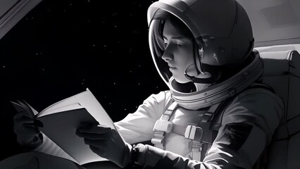 a female astronaut reading documents inside the space station