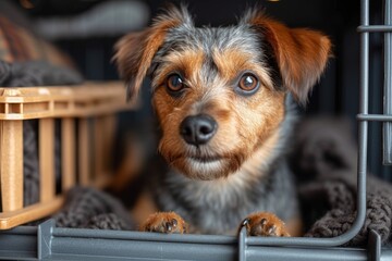 Wall Mural - A lively terrier pup with a snout full of curiosity stands tall in a cozy indoor basket, ready to be your loyal and loving pet