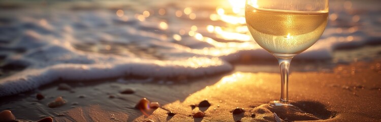 Wall Mural - a glass of white sparkling wine on a sandy beach at the sunset