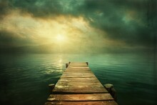 Misty Sunset Over The Ocean, Wooden Pier Extending Into Calm Waters, Serene Scenery Of A Dock On Still Water, A Walkway To Nowhere In The Middle Of The Sea.