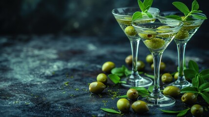 Sticker - A Glass of Olive Oil Martini, Martini with a Twist - Olives and Mint Leaves, Sophisticated Cocktail Experience with Olive Oil Martini, Olives and Mint Leaves: A Unique Garnish for Martini.