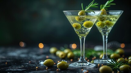 Sticker - Two Glasses of Olive Martini, Martini with Green Olives and Sprigs, Olives and Sprigs as Garnish for Martini, A Pair of Martini Glasses Filled with Liquid.