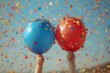 © Larisa AI - Joyful celebration as colorful balloons and confetti create a whimsical atmosphere in the hands of two partygoers