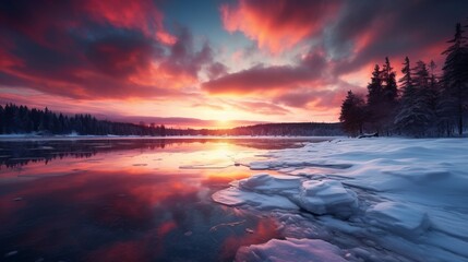 Wall Mural - winter landscape with frost, snow and ice on lake and sunset sky with dramatic colored clouds