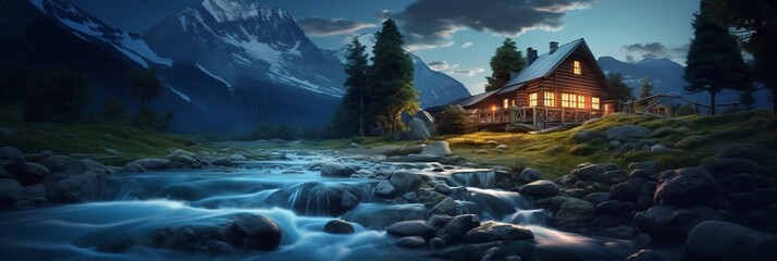 Canvas Print - Old romantic illuminated wooden cabin in the mountains by a wild stream torrent at dusk