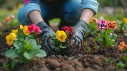 Wall Mural - A gardener planting colorful flowers.