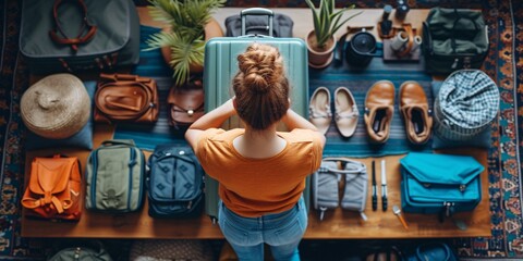 Wall Mural - Female preparing luggage at residence from above. Journey idea.