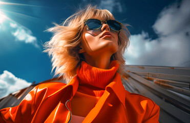 Wall Mural - young woman looking up at the sky, dressed in orange, wearing sunglasses on a sunny day